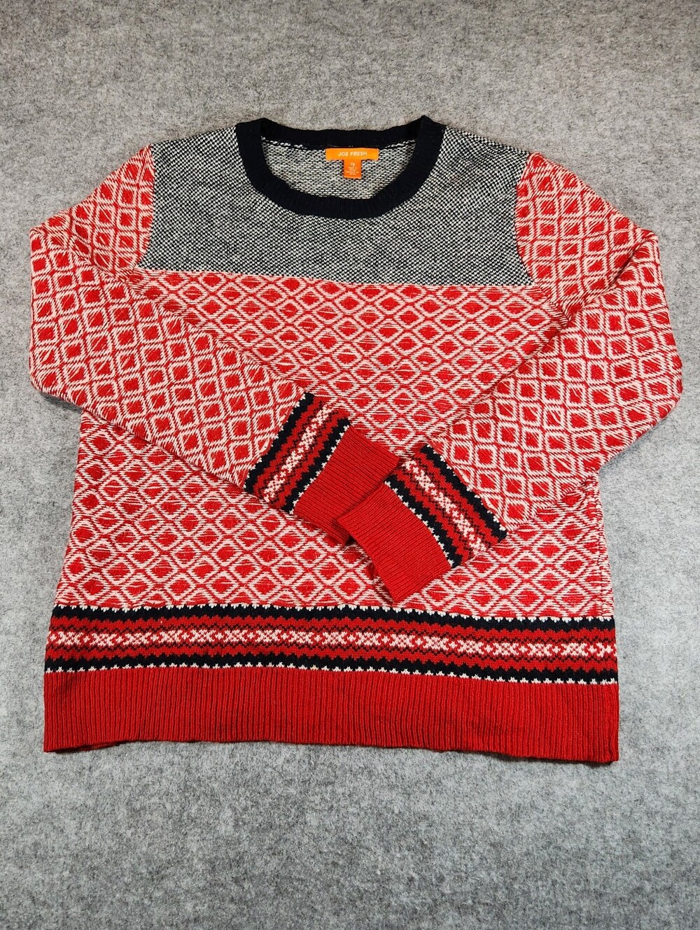 Joe Fresh Red and Black Patterned Crewneck Sweater